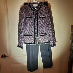 Shimmering Silver, Black and Plum Tweed Jacket and Striped Pant Set